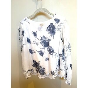 Ambro Italy White Blue Floral Silk Long Sleeve Lace Trim Top Size S